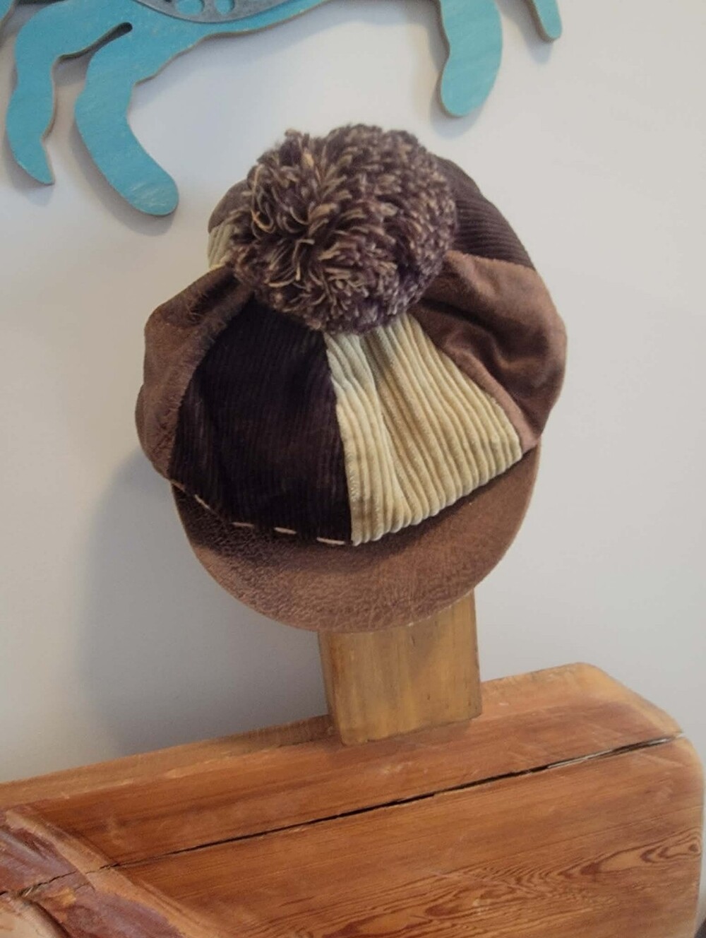 Vintage Look JCT Corduroy Patchwork Newsboy Cap w/Yarn Pom Pom